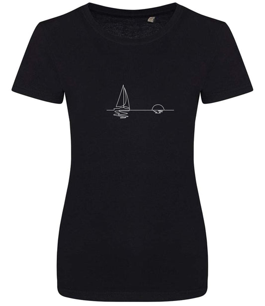 Organic Cotton T-Shirt: Boat & Sunrise Line Art, Athos Design