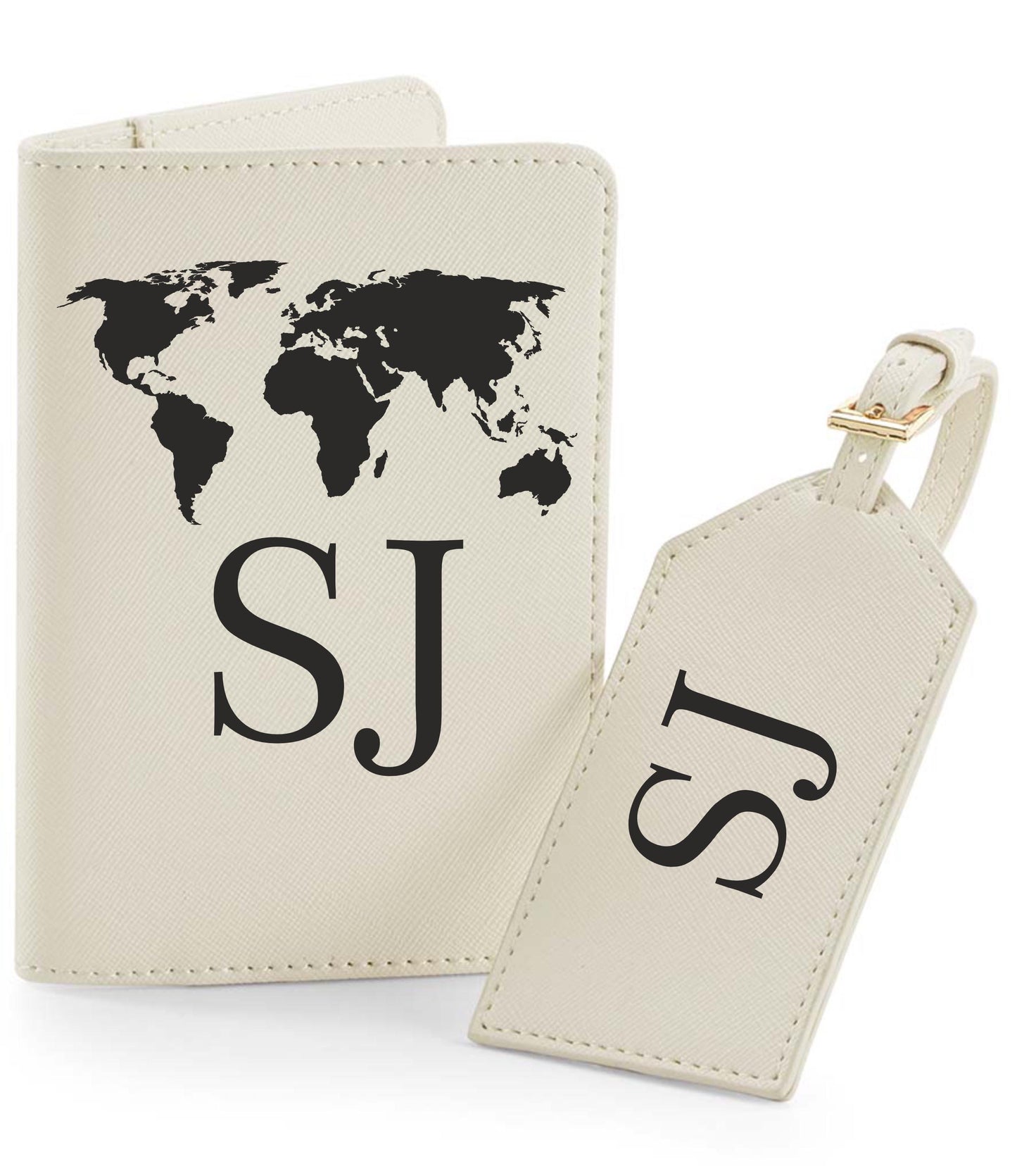 Personalized Passport Holder & Luggage Tag Set: World Outline, Initial Design