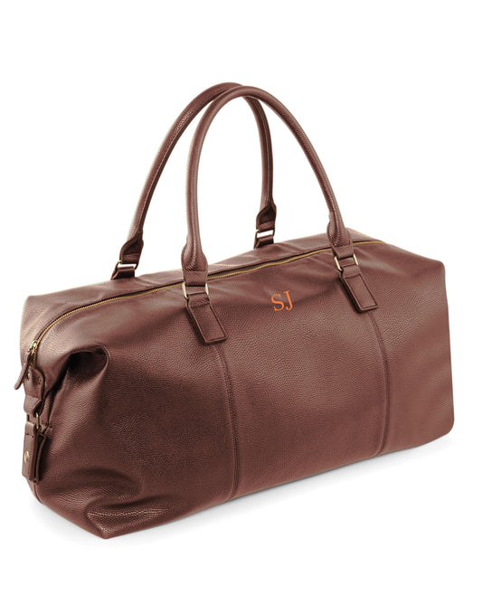 Personalized Tan Weekender Bag: Full Grain Leather-Look Holiday Bag