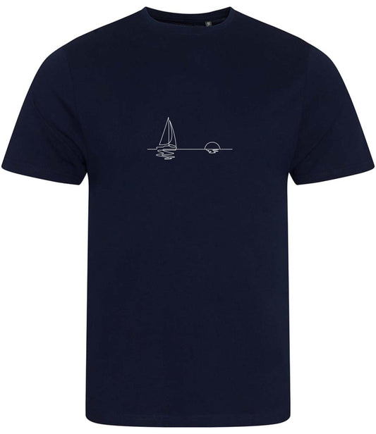 Organic Cotton T-Shirt: Minimalist Sailboat Sunset Line Art