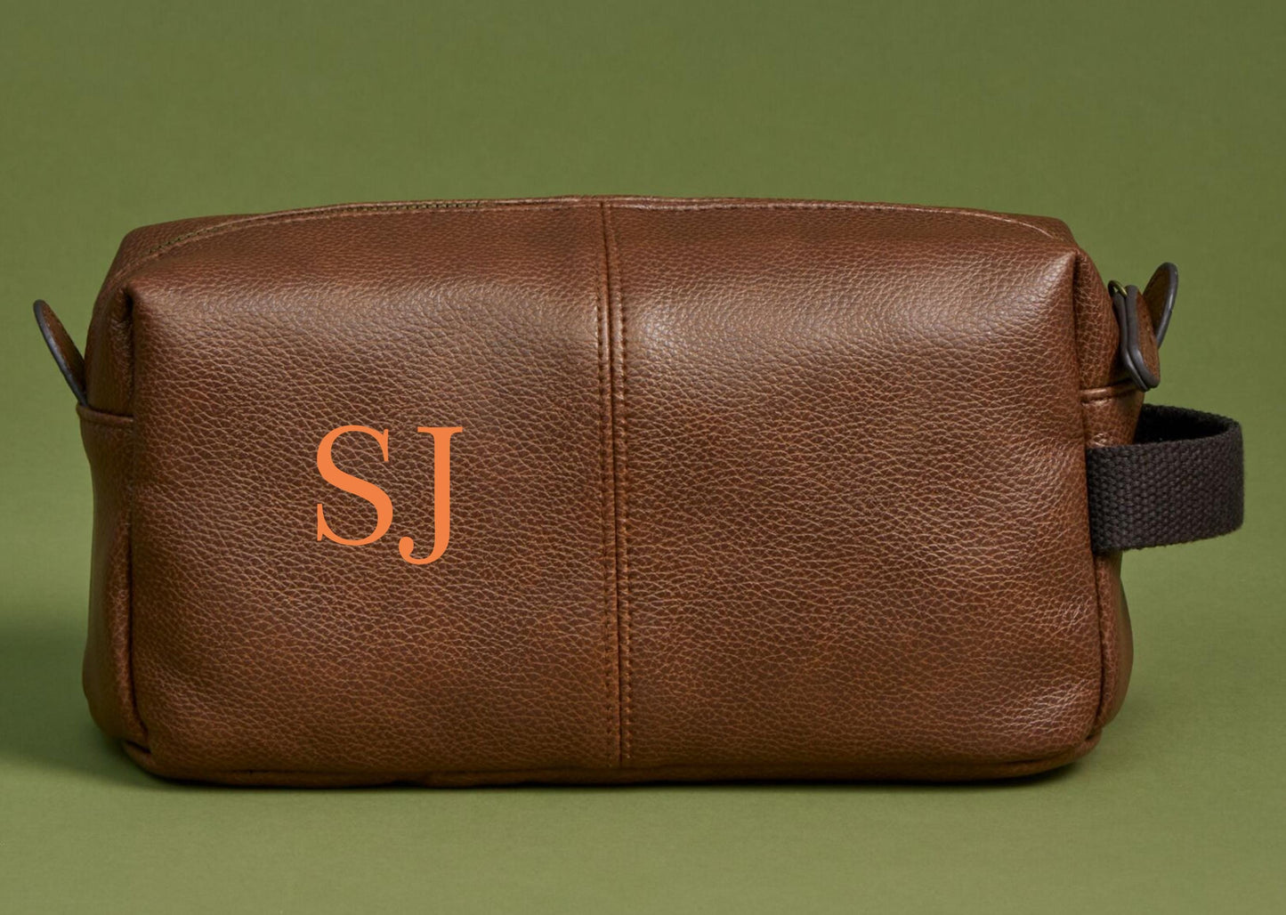 Personalized Tan Leather-Look Wash Bag: Metal Logo Travel Bag