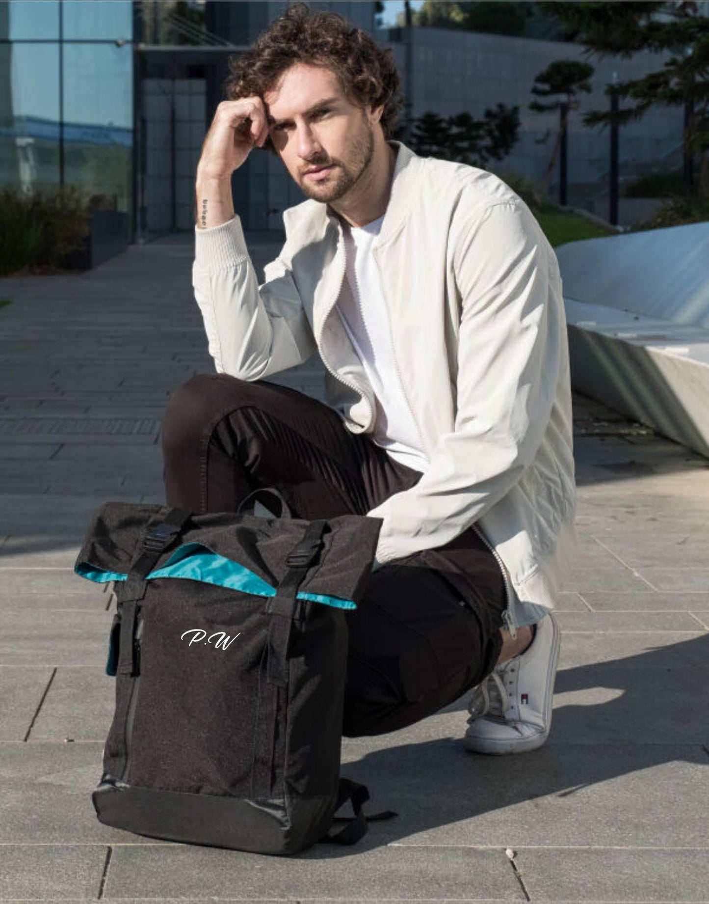 Personalised Backpack initial Recycled Backpack-Roll top-Rucksack-Laptop Backpack-ATHOS-Work-university-outdoor-uni-100% recycled polyester