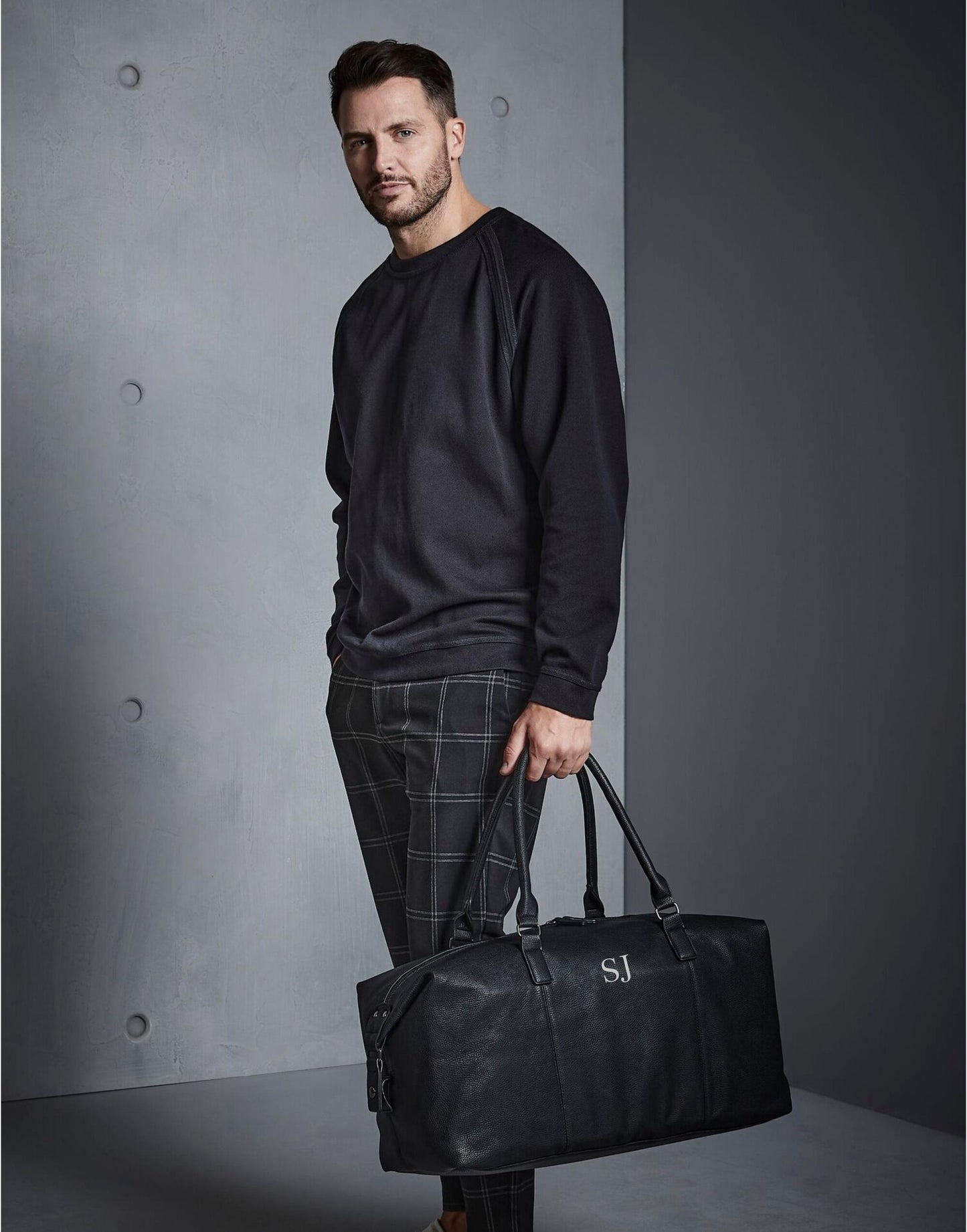 Personalized Black Leather-Look Weekender Bag: Metal Logo Holiday Duffel