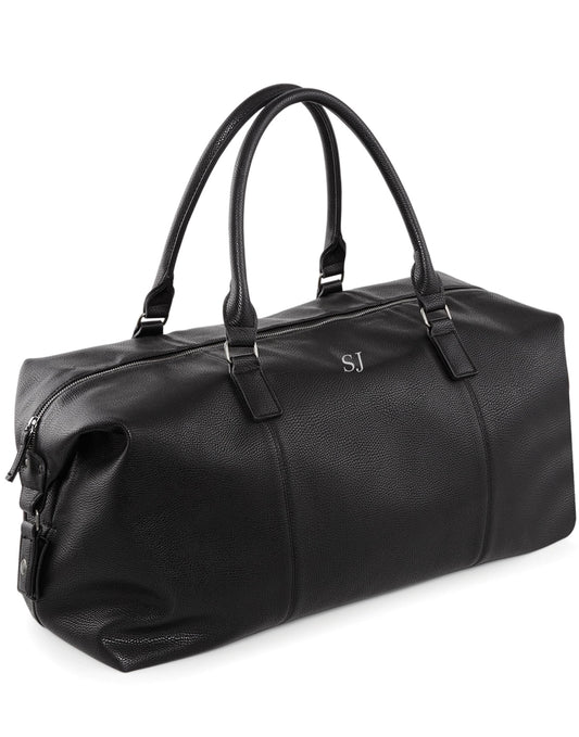 Personalized Black Leather-Look Weekender Bag: Metal Logo Holiday Duffel