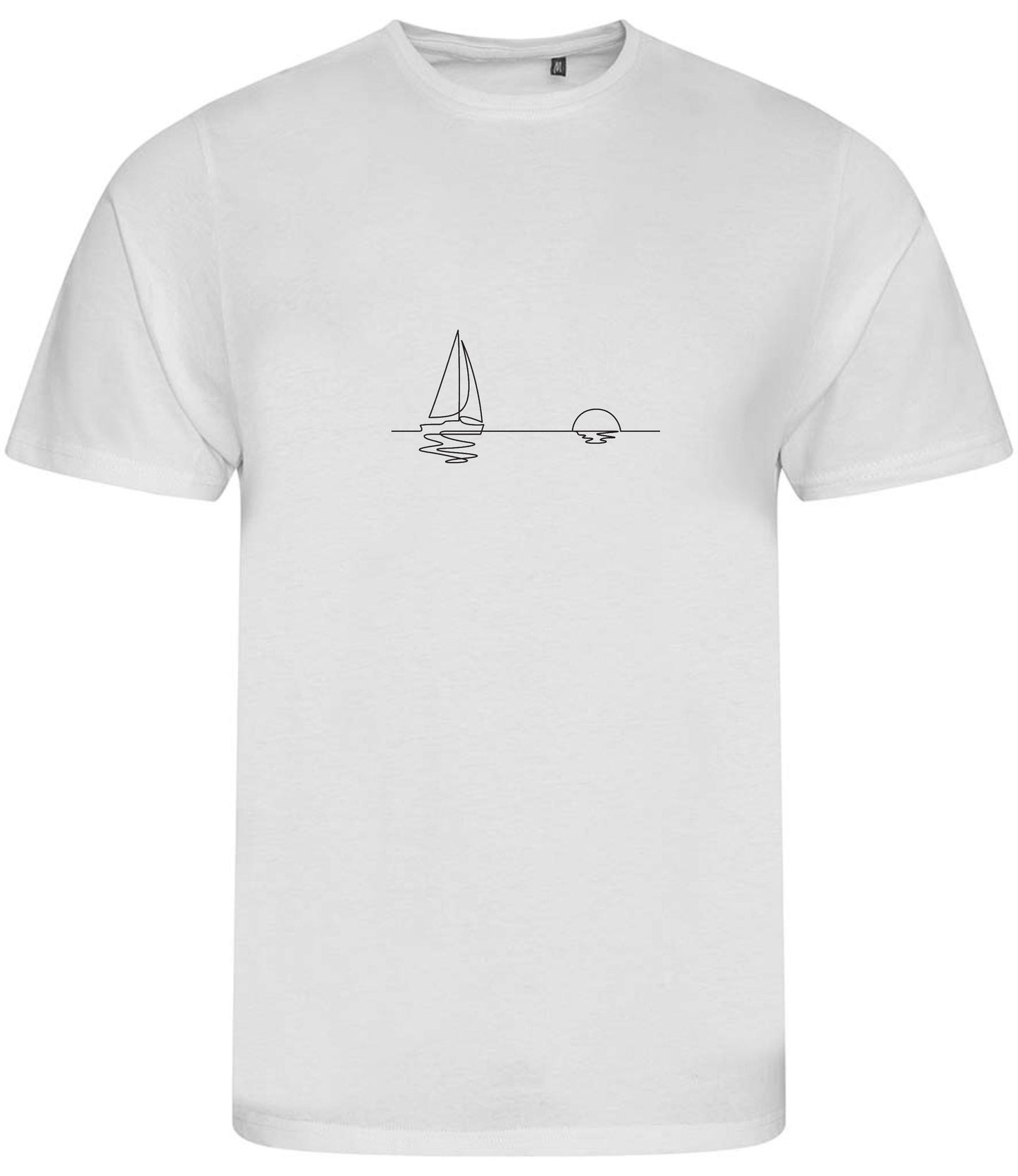 Organic Cotton T-Shirt: Minimalist Sailboat Sunset Line Art