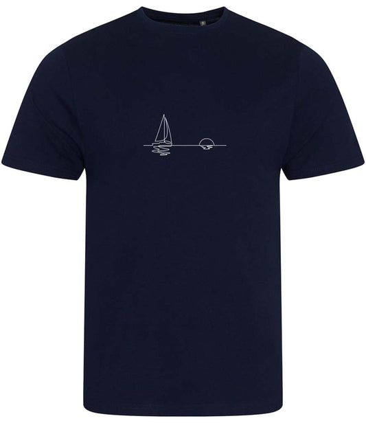 Organic Cotton T-Shirt: Minimalist Sailboat Sunset Line Art