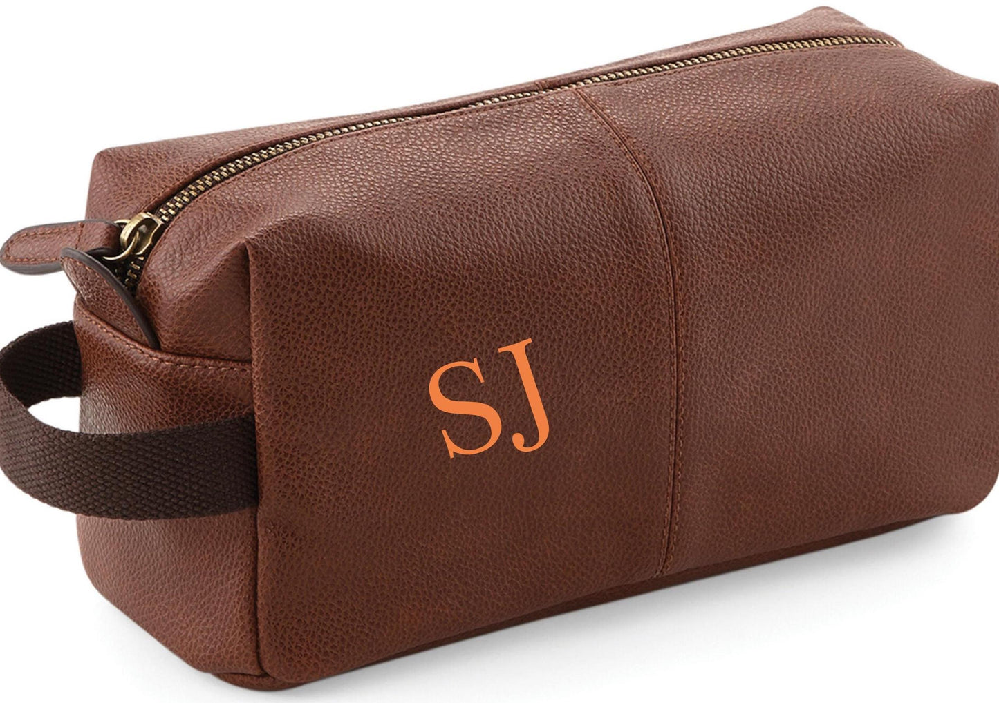 Personalized Tan Leather-Look Wash Bag: Metal Logo Travel Bag