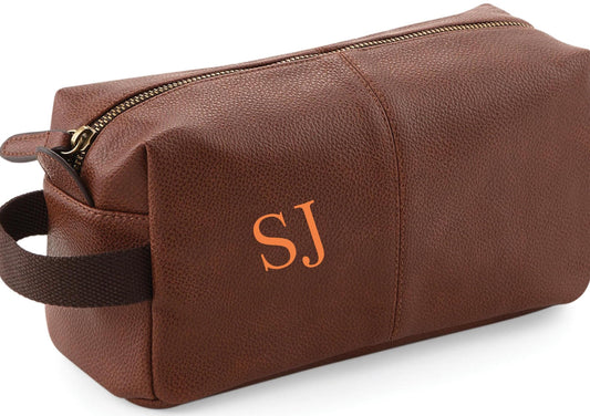 Personalized Tan Leather-Look Wash Bag: Metal Logo Travel Bag