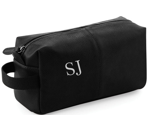 Personalized Tan Leather-Look Wash Bag: Metal Logo Travel Bag