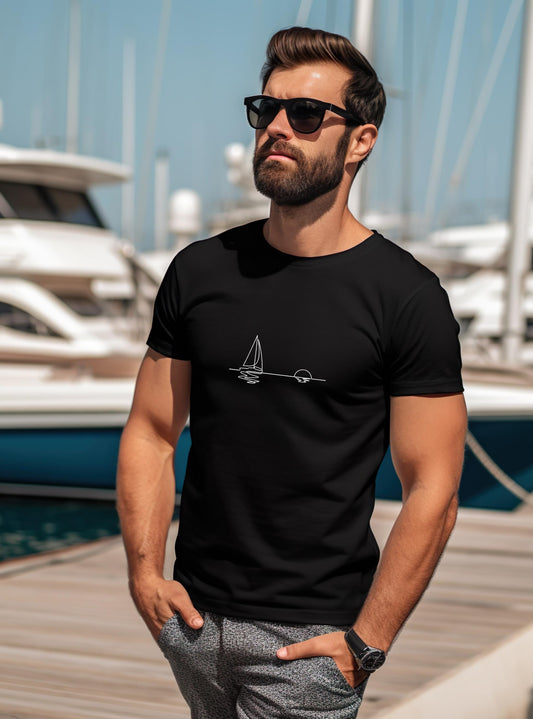 Organic Cotton T-Shirt: Minimalist Sailboat Sunset Line Art
