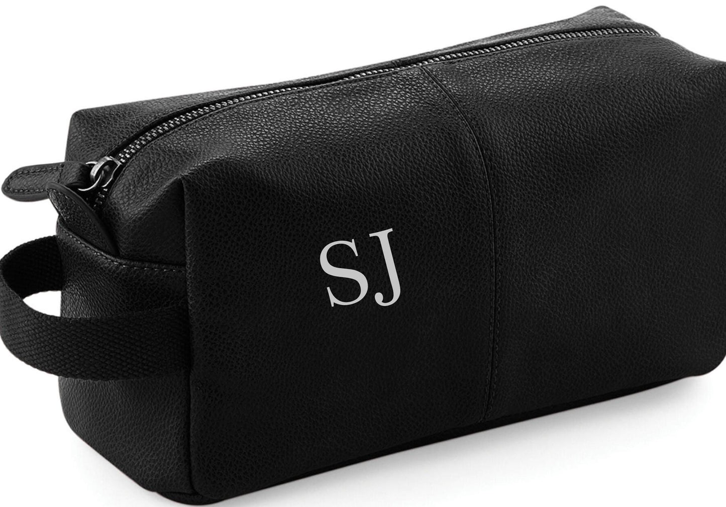 Personalized Black Leather-Look Wash Bag: Travel Toiletry Bag