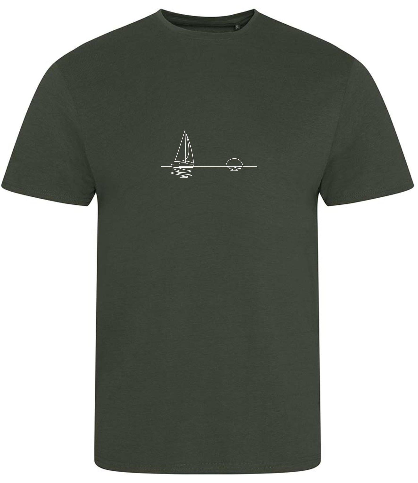 Organic Cotton T-Shirt: Minimalist Sailboat Sunset Line Art